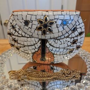 RAMLA Artisan Mosaic Clutch with Gold Chain NWOT